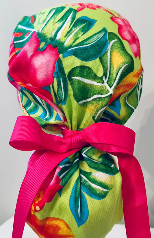 Ponytail-Hawaiian lime and pink flowers