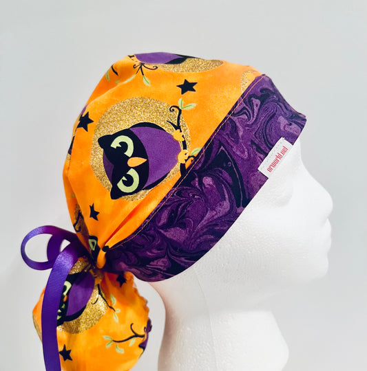 Ponytail Style Hat-Halloween Owl-with Purple Ribbon Ties