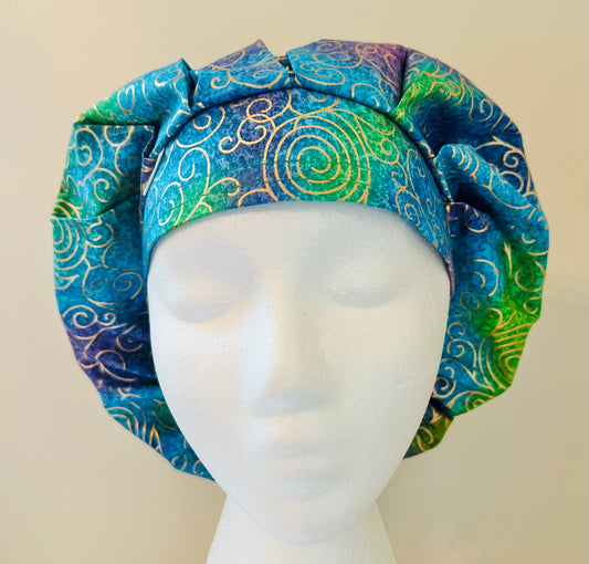 batik blue with metallic swirls bouffant style surgical hat