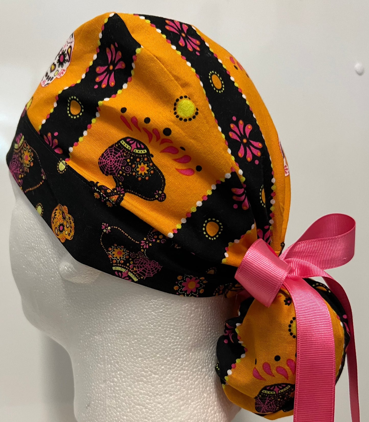 Ponytail-Snoopy Sugar Skull with Pink Ribbon Ties