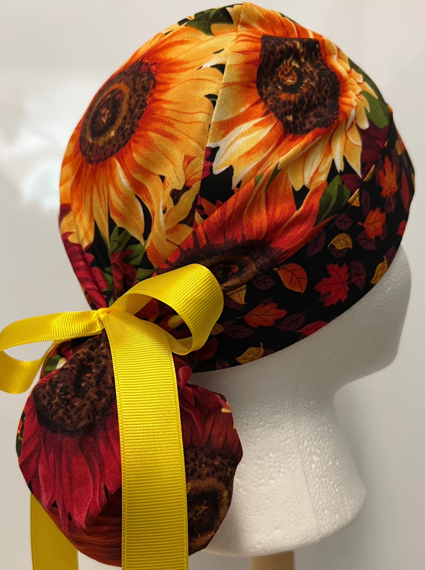 Ponytail Style Hat-Red Sunflowers with Yellow Ribbon ties