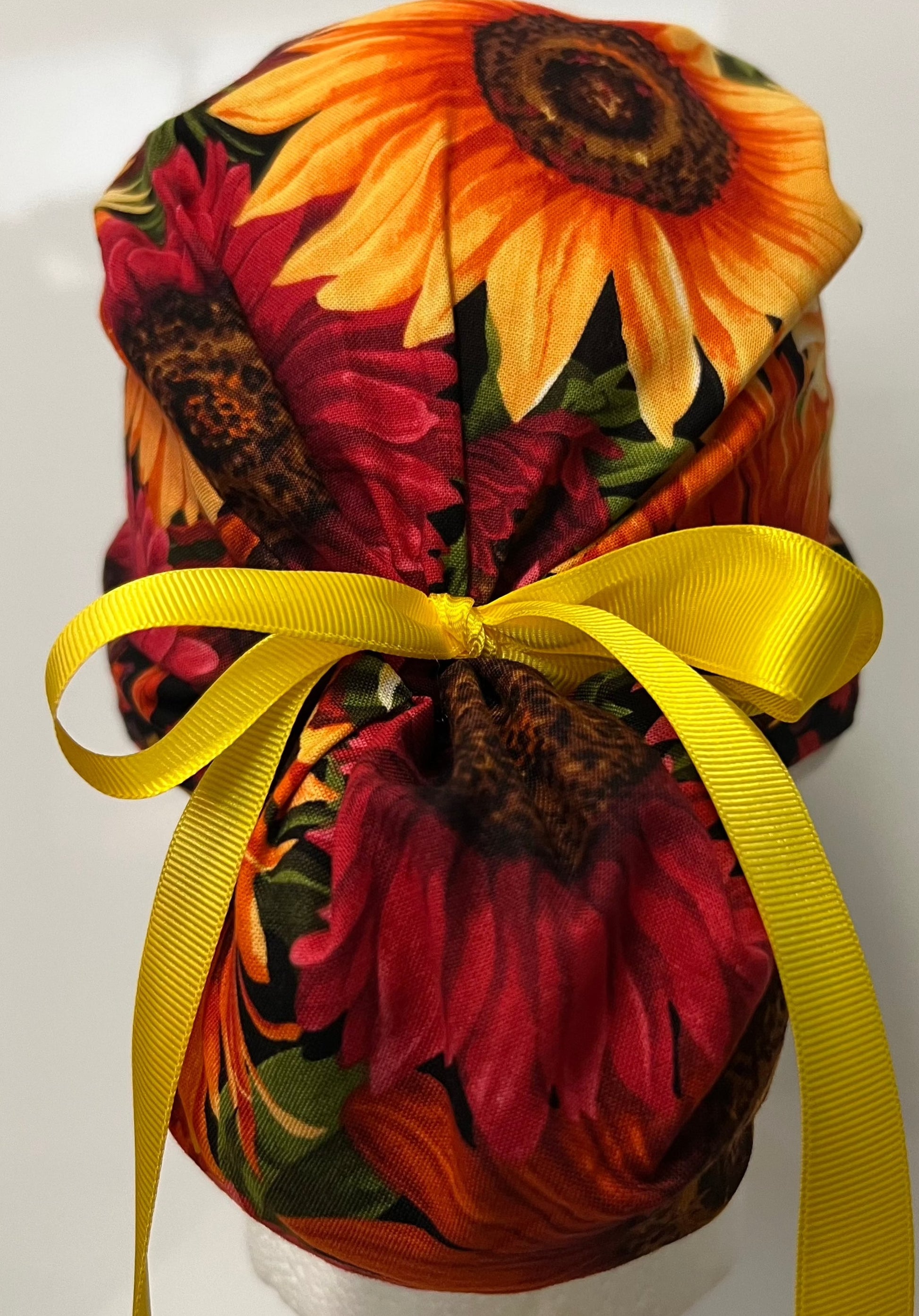 Ponytail Style Hat-Red Sunflowers with Yellow Ribbon ties