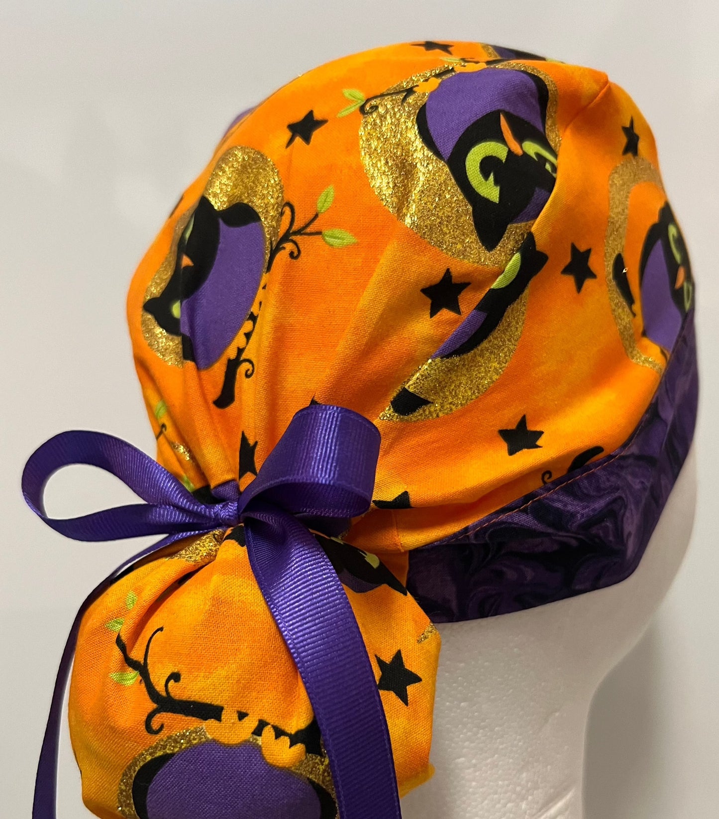 Ponytail Style Hat-Halloween Owl-with Purple Ribbon Ties