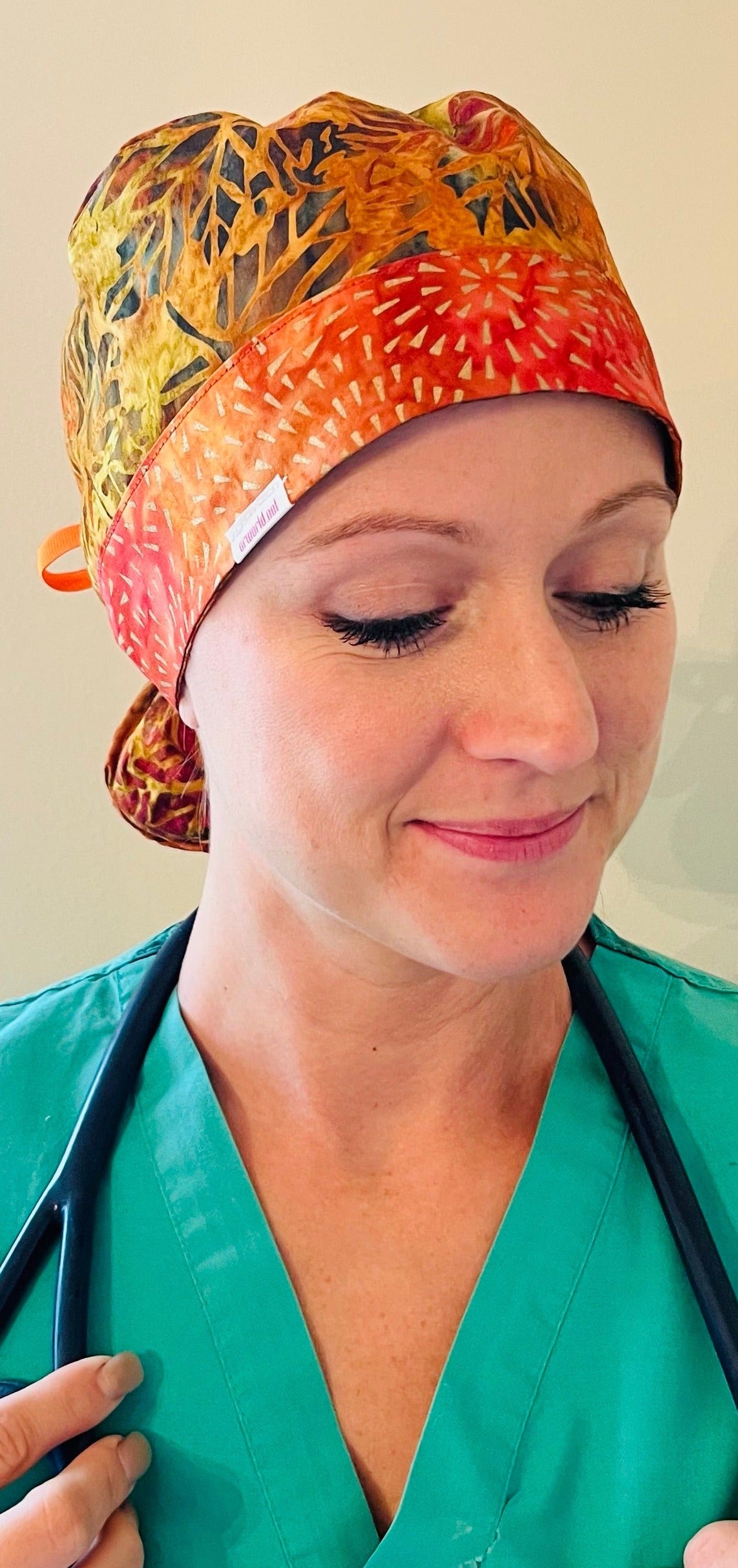 Ponytail Surgical Hat-Fall Vibes with Orange Ribbon Ties