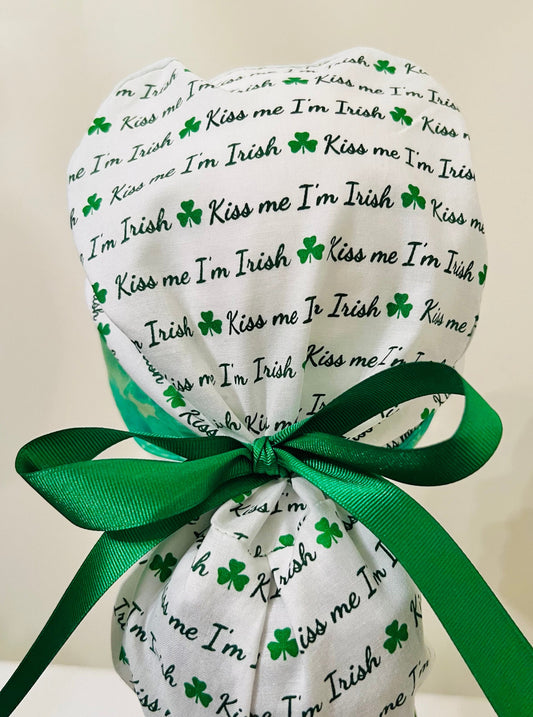 Ponytail Hat-St. Patricks-"Kiss me I'm Irish" with green ribbon