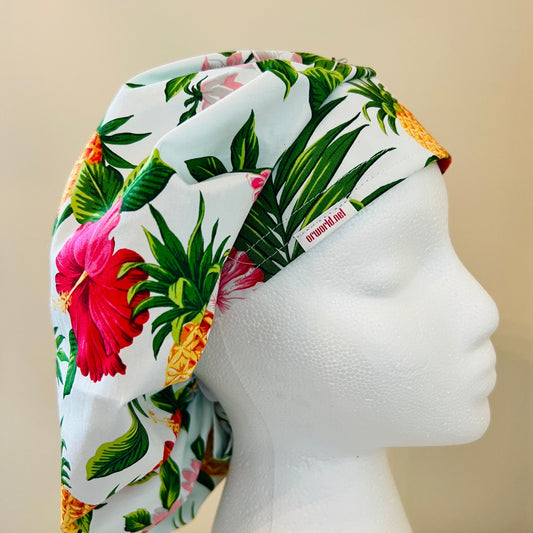 Bouffant-Hawaiian-pineapples and flowers