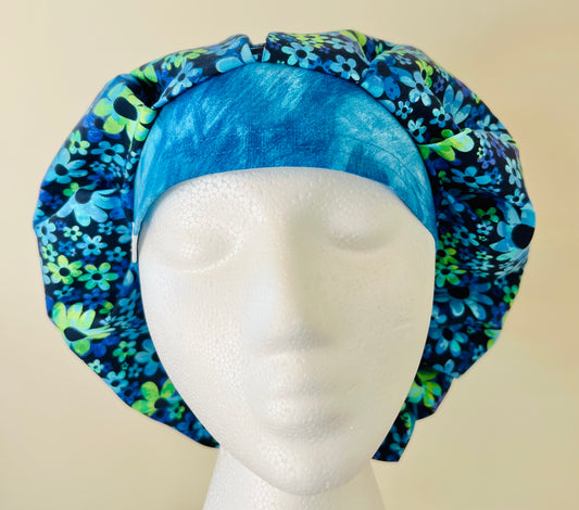 Bouffant Hat - Blue flowers with a touch of lime color